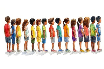 Fototapeta premium Diverse Group of Children in Line Watercolor Illustration.
