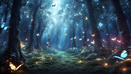 Wide Panoramic of Fantasy Forest with Glowing