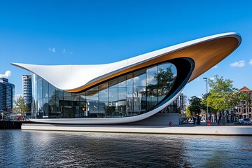 Naklejka premium The striking design of the MAAT Museum by the riverfront, with its sleek, modern curves