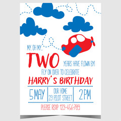 Kids birthday party poster or banner with cute plane in the sky among puffy clouds. Invitation leaflet or flyer to celebrate children's anniversary in cheerful ambiance with baby boys and girls.