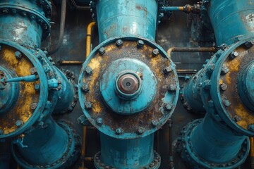 industrial water piping system intricate network of steel pipes and valves muted bluegray tones topdown perspective technical precision