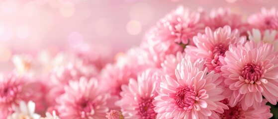 Blossoms of Soft Pink, a vibrant arrangement of delicate chrysanthemums, creating a serene atmosphere with a background of dreamy bokeh and gentle hues.