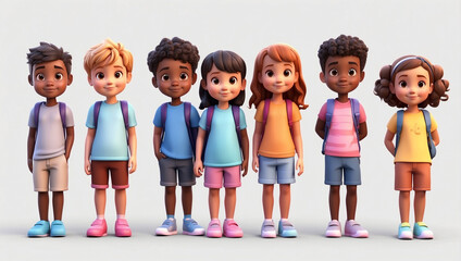 3D Cartoon Group of Little Children on the Beach