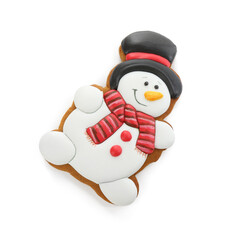 Tasty Christmas cookie in shape of snowman isolated on white