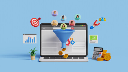 Lead generation concept. Financial analysis, business marketing strategies. Audience outreach and conversion. 3D laptop with lead generation icons