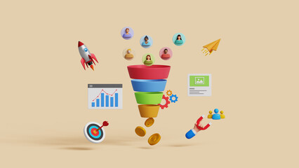 Lead generation, CRO, conversion rate optimization concept. Convert audience into sales. Inbound marketing strategy. 3D marketing funnel attracting audience