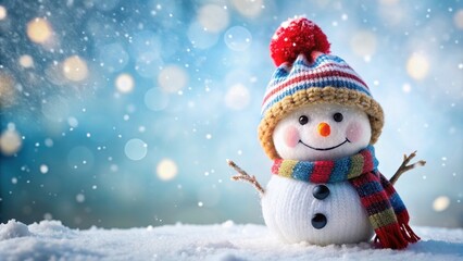 Happy snowman in a warm hat smiling and looking handsome, snowman, winter, charming, cute, festive, holiday, cold, carrot nose