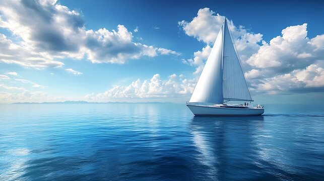 Yacht sailboat sailing alone on calm blue sea waters on a beautiful sunny day with blue sky and white clouds : Generative AI