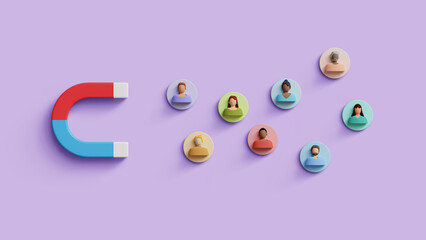 Digital marketing and customer engagement concept. Ads, audience outreach, attract audience, discount offers, business marketing strategy. 3D magnet attracting audience