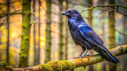 Obraz premium Majestic raven perched on a tree branch in the forest, raven, bird, wildlife, nature, black, feathers, intelligent, beak, corvid