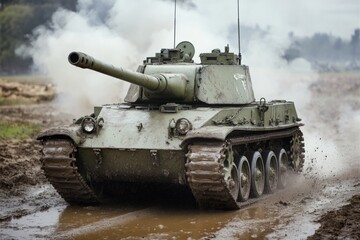 A Battle-Worn Sherman Tank Driving Through a Muddy Field During World War II: The Olive Green Exterior is Chipped and Dirty, with Smoke and Dust Rising in the Background. The Tank’s Massive Cannon