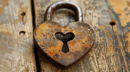 Rustic heart-shaped lock resting on weathered wooden surface, symbolizing love, secrecy, and timelessness with a patina of age and character.