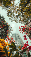 Obraz premium cityscape architecture building skyscraper flowers nature greenery urban outdoors perspective trees sky foliage modern tall vibrant urban nature city life high-rise 