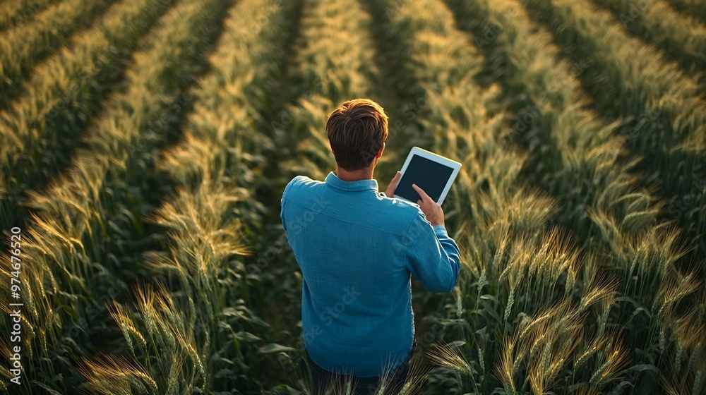 Fototapete farmer using tablet in wheat field view from above of a farmer in blue shirt using a tablet in a you