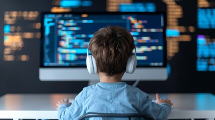 Young programmer immersed in coding, wearing headphones, focused on colorful lines of code displayed on a large monitor, learning technology from a young age.
