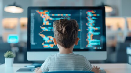 Young boy engaged in coding, colorful programming interface on screen, modern workspace with minimal decor, illustrating early interest in technology and learning.