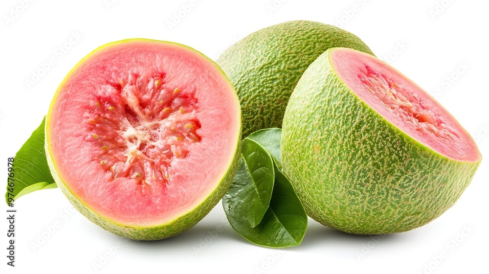 Poster Isolated green guava with pink flesh One whole fruit and a half isolated on white background with clipping path : Generative AI
