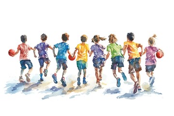 Obraz premium Watercolor illustration of a group of children running with red balls.