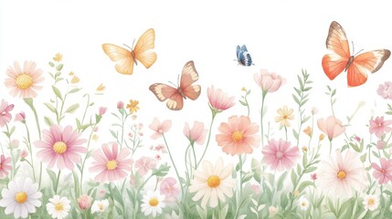 A serene illustration of colorful butterflies fluttering over a field of vibrant wildflowers, capturing the essence of nature's beauty.