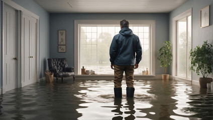 Man Standing in a Flooded House Wearing