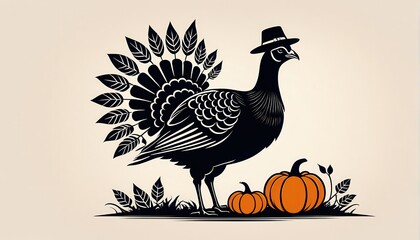 Fototapeta premium A stylized turkey wearing a hat beside pumpkins, evoking a festive autumn theme.