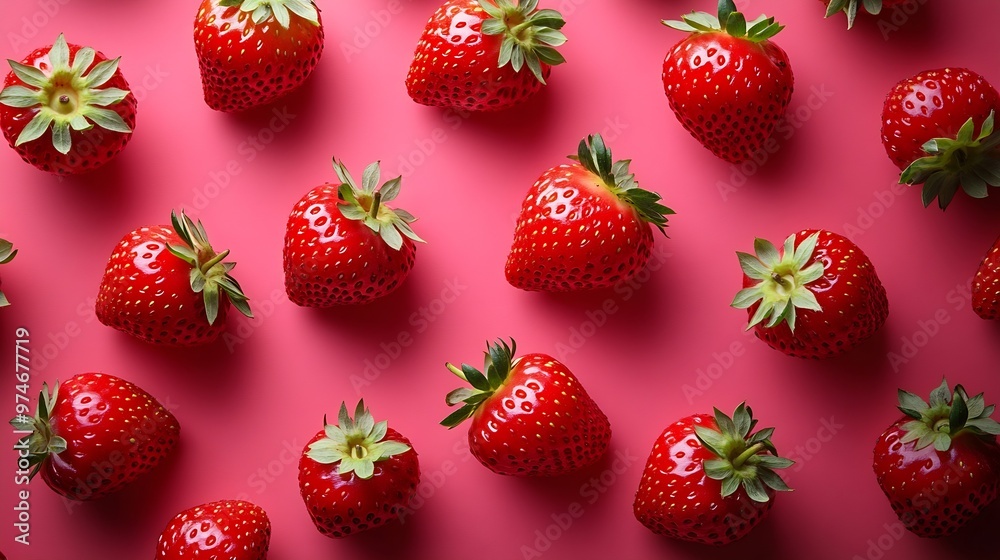 Poster Strawberry Pattern of strawberrys on colored background : Generative AI