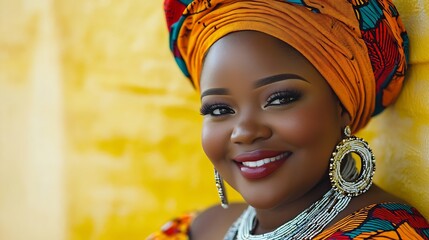Smiling plus size African woman wearing traditional African attire and jewelry looking at camera : Generative AI