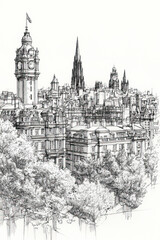 Fototapeta premium Glasgow, United Kingdom, black and white pen pencil hand-drawn effect portrait drawing illustration for travel poster, card, wallpaper, backdrop or banner. Modern, clear, artistic and simple