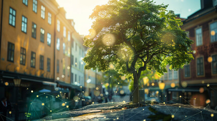 Naklejka premium A giant tree with digital roots spreading into the metropolis. Concept of technology, modernity.