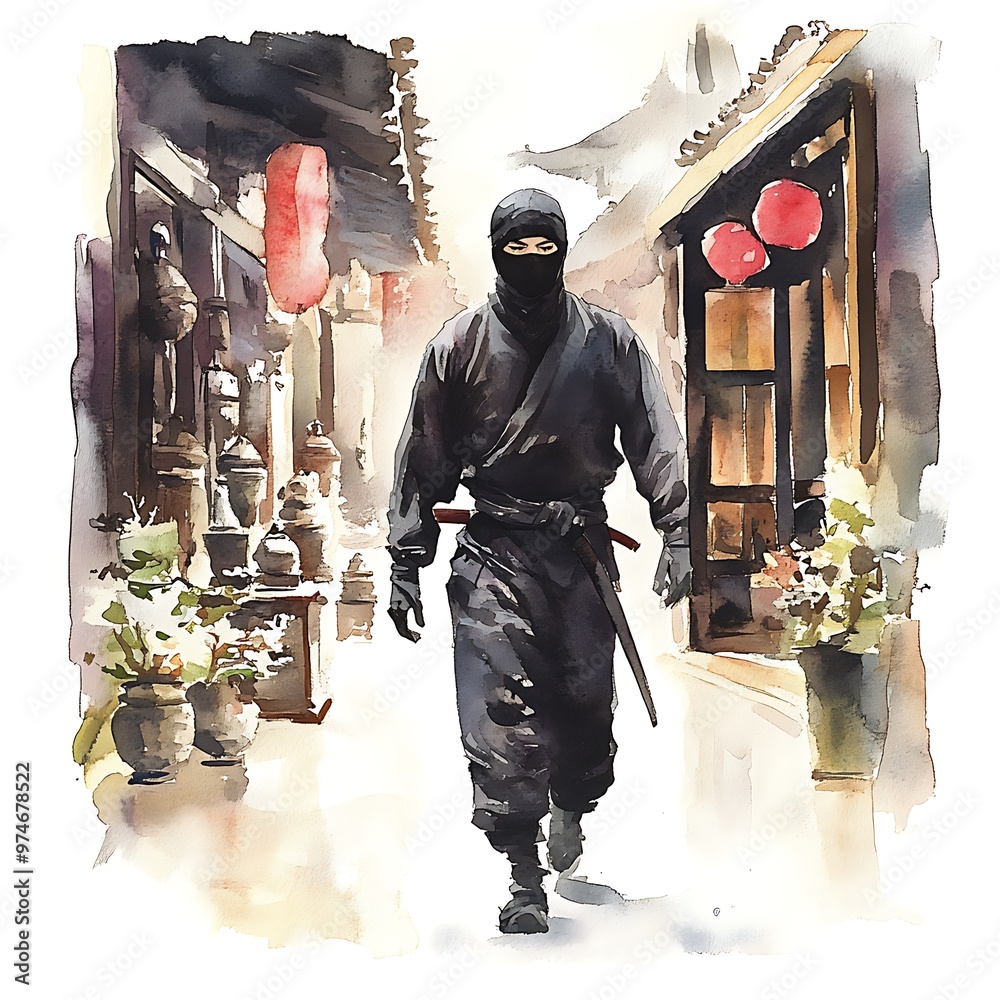 Wall mural Watercolor Illustration of a Ninja Walking Through a Japanese Street.