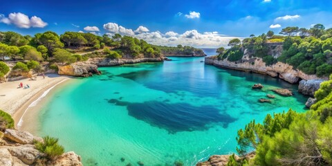 Beautiful beach Cala Marcal with turquoise waters and golden sand in Portocolom resort, Mallorca, Spain, beach