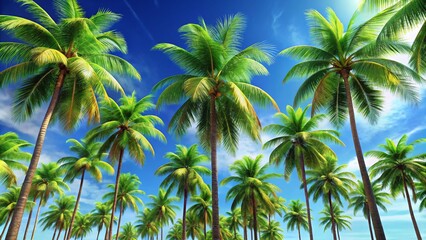 Vibrant cartoon palm trees with bright green leaves and thin trunks, set against a clear blue sky, creating a fun and tropical atmosphere.