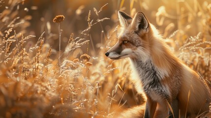 Captivating glamour  a graceful fox in golden grasses under warm golden hour light