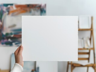 A hand holding a white piece of paper in front of a colorful painting