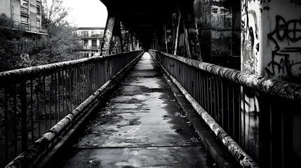 black-and-white image of an old overpass, with rusted railings and faded markings