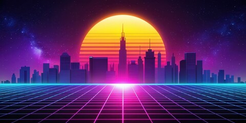 Synthwave cityscape with a large sun in the background, synthwave, cityscape, sun, skyline, retro, futuristic, neon