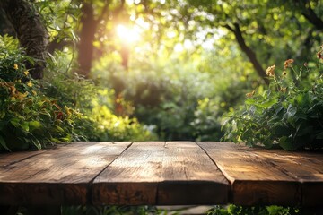 Naklejka premium inviting wooden table in lush summer garden setting warm sunlight filtering through leaves blurred greenery backdrop perfect for outdoor dining or natureinspired product showcase