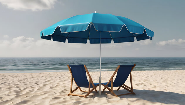 Colorful Beach Umbrella Under Blue Sky with Sandy Shoreline, Summer Relaxation and Vacation