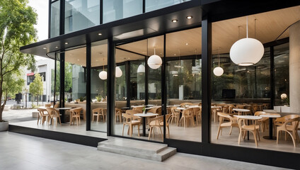 Modern Cafe Exterior with Glass Windows