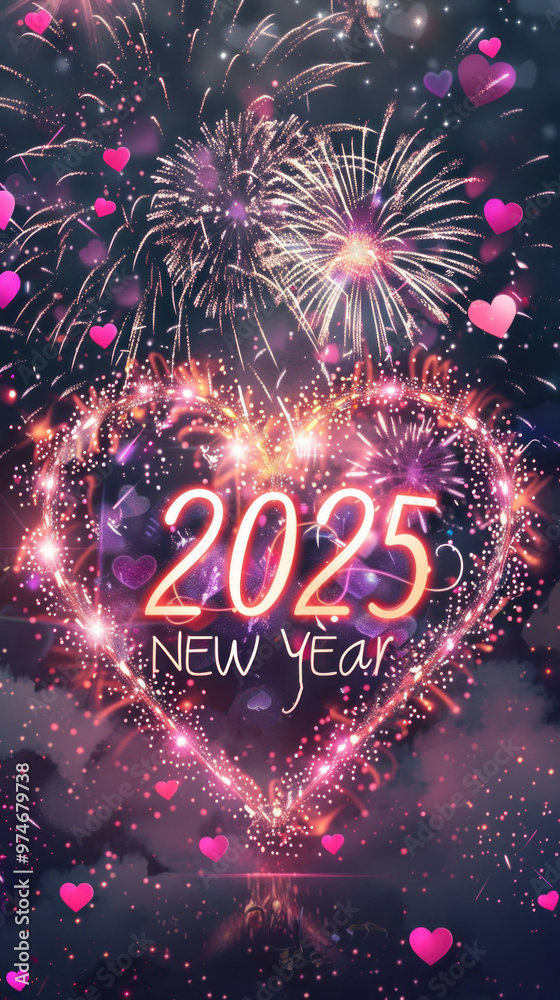Poster a heart with fireworks and the number 2025 written on it
