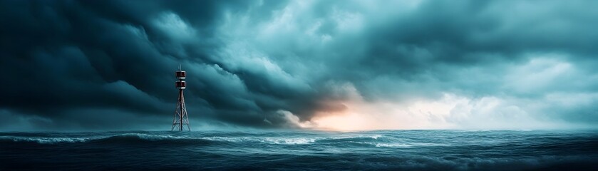Obraz premium Dramatic Radio Tower Broadcasts Tsunami Alert Amid Stormy Coastal Landscape