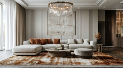 A high-resolution image of a living room with a large, plush area rug, a modern sectional sofa, and a statement chandelier, emphasizing a stylish and inviting space.