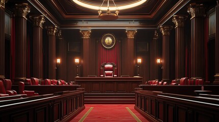 Elegant courtroom interior featuring polished wood, red upholstery, and decorative lighting, ideal for legal-themed projects.
