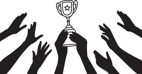 Winning team with trophy cup  icon, Black on white flat vector.
