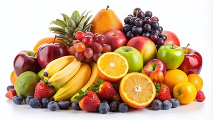 Vibrant, colorful assortment of fresh fruits, including apples, bananas, grapes, and oranges, arranged in a creative, playful composition against a white background.