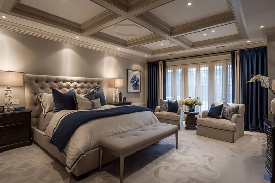 Elegant master bedroom in a suburban home with gray and navy blue accents, dark wood furniture, coffered ceiling, and relaxing atmosphere.