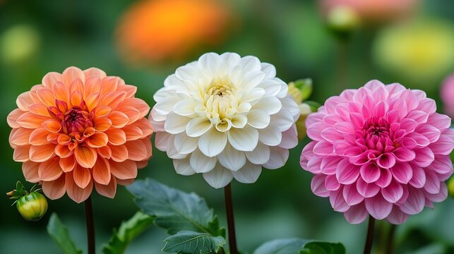 Different pink orange and white Dahlia flowers Colorful dahlia garden flowers wallpaper backdrop Blossoming dalias bloom : Generative AI