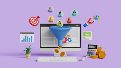 Lead generation. CRO, conversion rate optimization. customer retention. Inbound marketing strategy. 3D computer with marketing funnel and icons. 4K 3D animation. Trim first 3 sec for loop