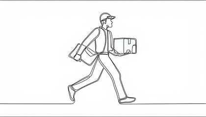 Fototapeta premium single continuous line drawing of the postman carries postal package; isolated on white background