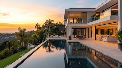 Fototapeta premium Modern villa with a pool at sunset, showcasing luxury living and serene surroundings.